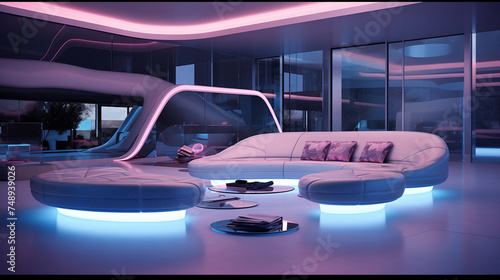 Futuristic living room with holographic furniture and interactive surfaces, showcasing the unique interior design of the future © Muhammad