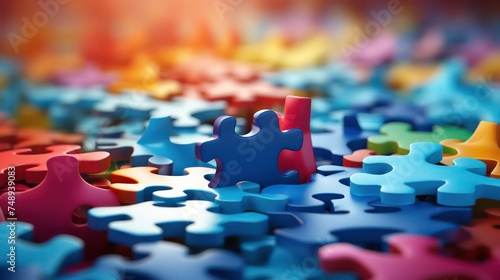 Colorful jigsaw puzzle pieces on blue background