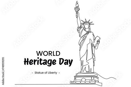 One continuous line drawing of Liberty statue. Beautiful historical iconic place. Home wall decor art poster print. Modern single line draw design vector graphic illustration