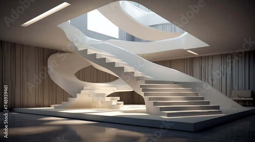 Gravity-defying staircase design in a futuristic house, showcasing a unique approach to spatial dynamics and aesthetics 