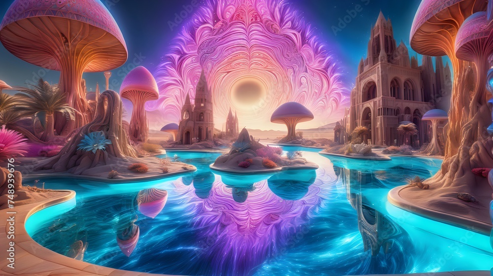 custom made wallpaper toronto digitalA surreal oasis surrounded by shimmering pools of liquid light, creating a psychedelic mirage that blurs the line between reality and fantasy.