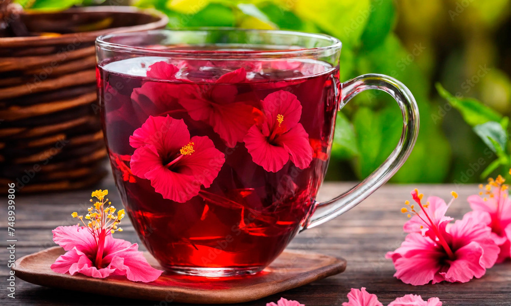 a cup of hibiscus tea with . Selective focus. a cup of hibiscus tea with . Selective focus.