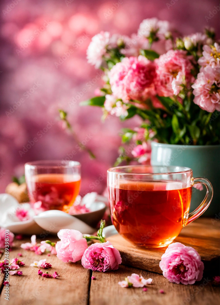 cup of tea and flowers in the garden. Selective focus. cup of tea and flowers in the garden. Selective focus.