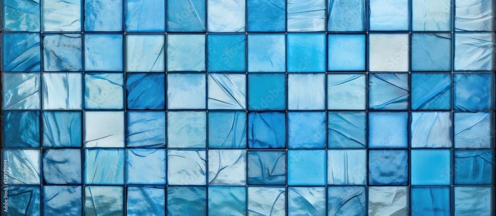 This close-up view showcases a blue glass tile wall, revealing the intricate details of small stained glass squares arranged in a sleek pattern. The vibrant blue color reflects light, This close-up view showcases a blue glass tile wall, revealing the intricate details of small stained glass squares arranged in a sleek pattern. The vibrant blue color reflects light,