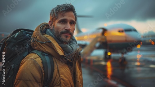Man in winter gear at airport, reflecting on journey, snow on jacket, cinematic feel.