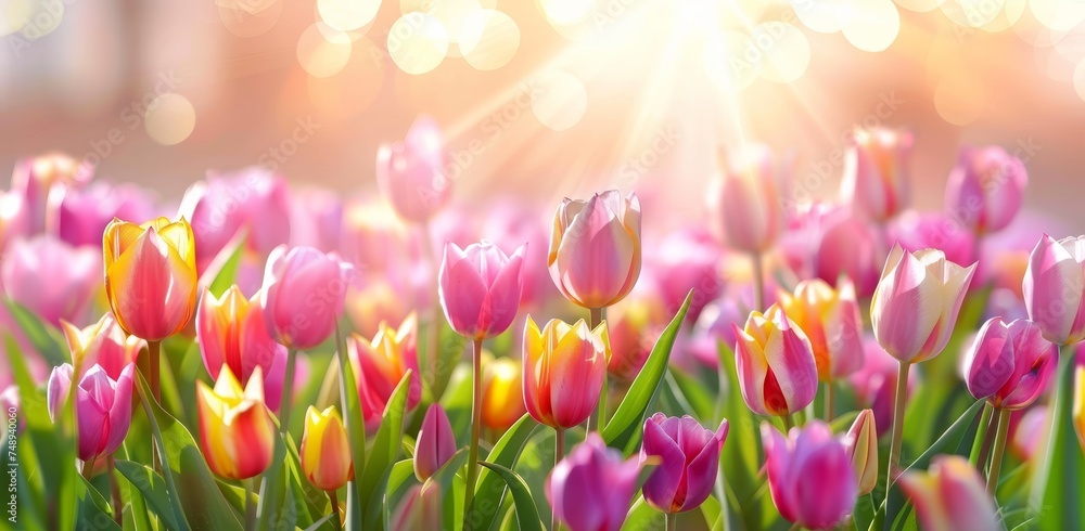 A field of pink and yellow tulips with the sun shining on them