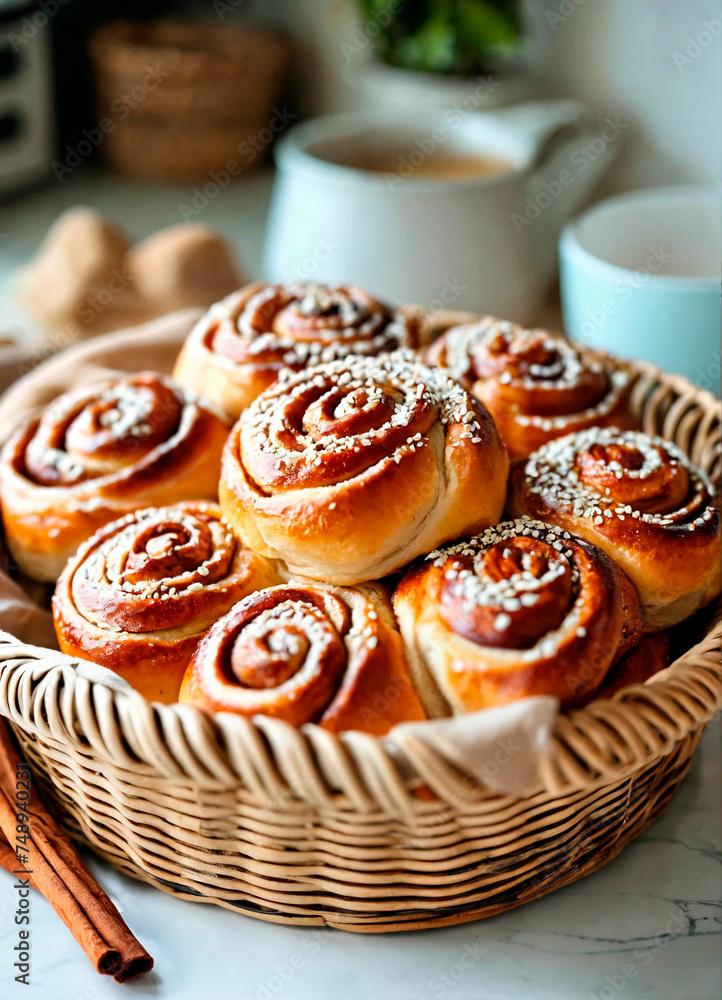 custom made wallpaper toronto digitalhomemade cinnamon rolls in a basket. Selective focus.