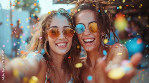 Two people in festive attire taking a selfie at a glittery event.