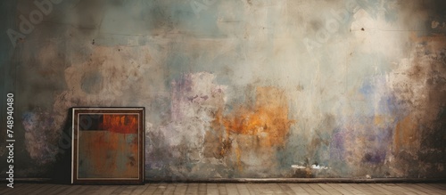 A room devoid of furniture  with only a single painting hanging on the wall. The room appears worn and neglected  emphasizing the solitary painting.