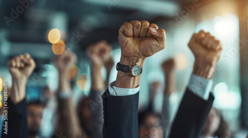 Raised fists in focus with a watch on the foremost wrist, signifying unity or celebration, amidst a group of blurred raised fists in the background.