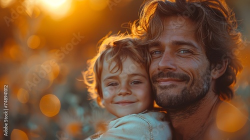 Dad and son hugging in the park enjoying nature with attention and care hugging with a smile as they have quality time together outside.