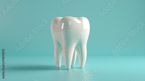 A singular D-shaped tooth contrasting against a light blue background. Concept Dental Hygiene, Oral Health, Tooth Anatomy, Dental Care, Dental Clinic