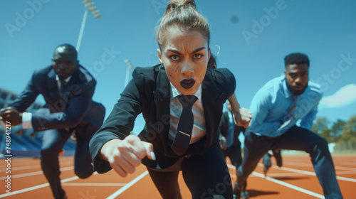 a dynamic scene of multiple individuals in professional attire actively running on a track, suggesting a competitive race or metaphor for corporate competition.