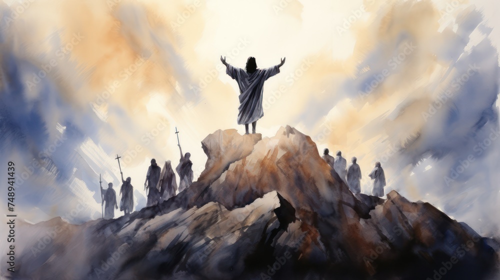 A painting of jesus standing on top of a hill, watercolor style - obrazy, fototapety, plakaty 
