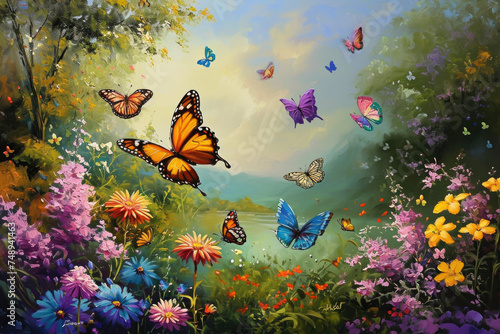 Generate a peaceful and uplifting painting of a tranquil garden filled with colorful butterflies © Formoney