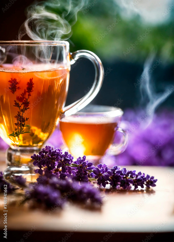 a cup of tea against the backdrop of a lavender field. Selective focus. a cup of tea against the backdrop of a lavender field. Selective focus.