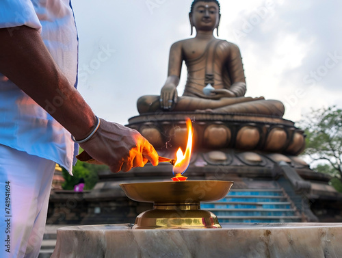 A man lights a lamp in front of a Buddha statue.