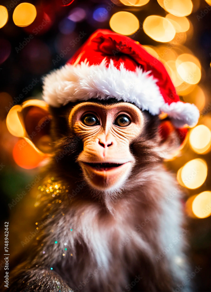 monkey in a santa go monkey hat. Selective focus. monkey in a santa go monkey hat. Selective focus.