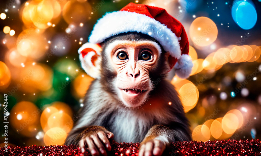 monkey in a santa go monkey hat. Selective focus. monkey in a santa go monkey hat. Selective focus.