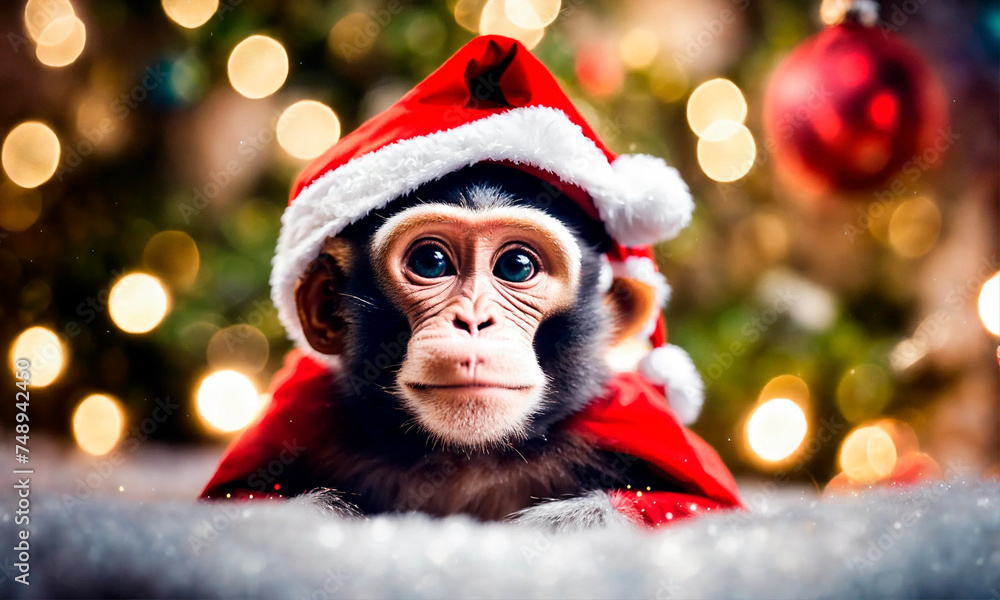 monkey in a santa go monkey hat. Selective focus. monkey in a santa go monkey hat. Selective focus.