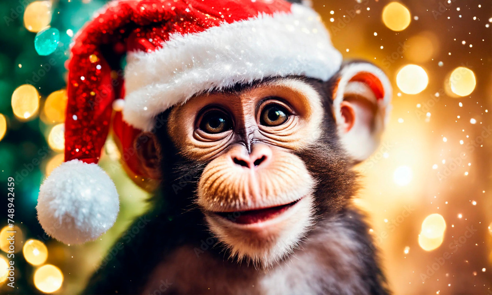 monkey in a santa go monkey hat. Selective focus. monkey in a santa go monkey hat. Selective focus.