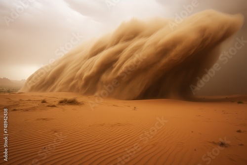 Dramatic Scene of Massive Sandstorm in Desert with Sparse Tufts of Grass