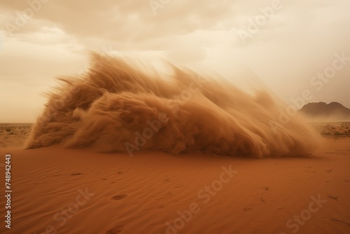 Dramatic Scene of Powerful Sandstorm in Desert with Mountain Silhouettes