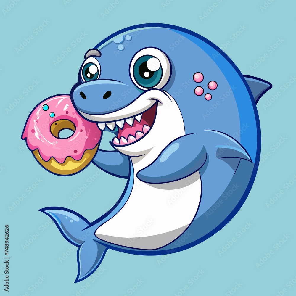 Naklejka premium Cute shark with doughnut illustration mascot 