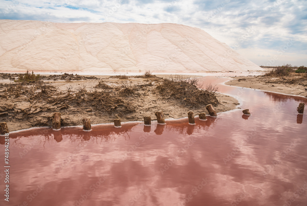 Salins d’Aigues-Mortes, Camargue, France. Europe's largest salt marshes Salin-de-Giraud, sea salt production. Pink salt marshes.