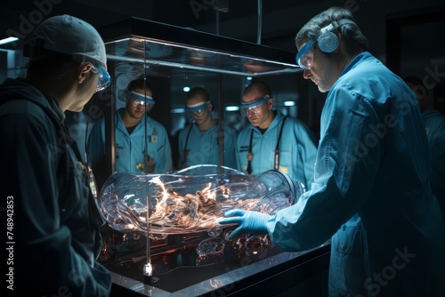 Group of Professionals in Blue Protective Clothing Examining a Luminous Object in a Laboratory