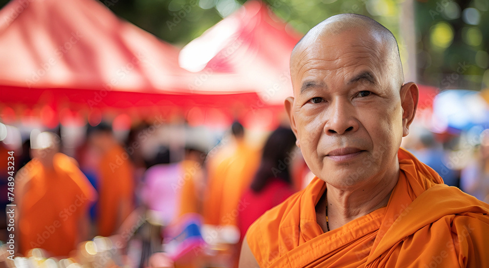 Portrait of a monk at the Wesak day. Banner with cop space. - obrazy, fototapety, plakaty 