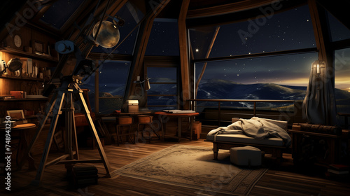 Observatory-themed room with a telescope near a spacious window, creating a perfect setting for moon observation