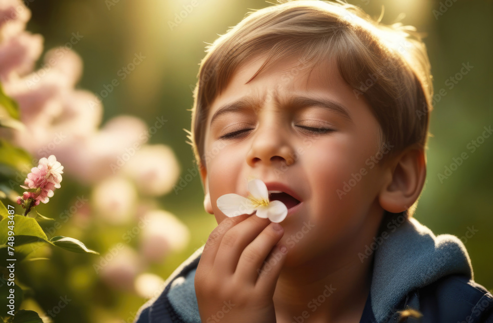 A boy sneezing among flowering bushes in a park in sunlight. Children's allergies to blossoms and pollen. Spring exacerbation of allergies to flowers and flowering plants A boy sneezing among flowering bushes in a park in sunlight. Children's allergies to blossoms and pollen. Spring exacerbation of allergies to flowers and flowering plants