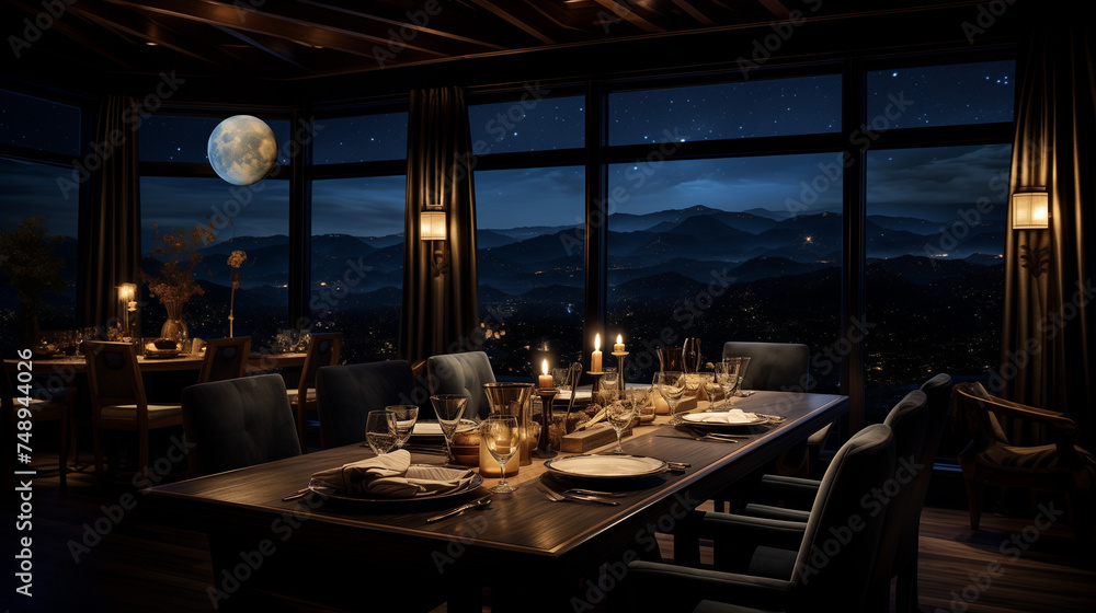 Stylish dining area with large windows, providing a captivating backdrop of the moonlit night sky for a unique dining experience Stylish dining area with large windows, providing a captivating backdrop of the moonlit night sky for a unique dining experience