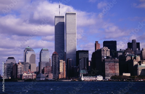 Downtown Manhattan Skyline with World Trade Center Twin Towers in New York City during early 1990s