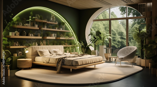 Sustainable pod-style bedroom with modular furniture  green walls  and unique design elements defining the future of eco-conscious interiors