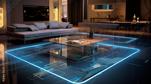 Transparent floor design in a futuristic living room, showcasing a unique blend of architecture and technology for an extraordinary interior