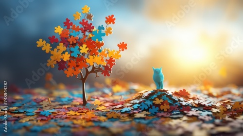 Conceptual image of a tree in the shape of a human body, surrounded by multi-colored puzzle pieces