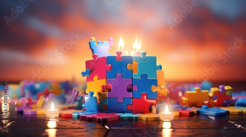 Colorful puzzle pieces with burning candles on a wooden surface photo