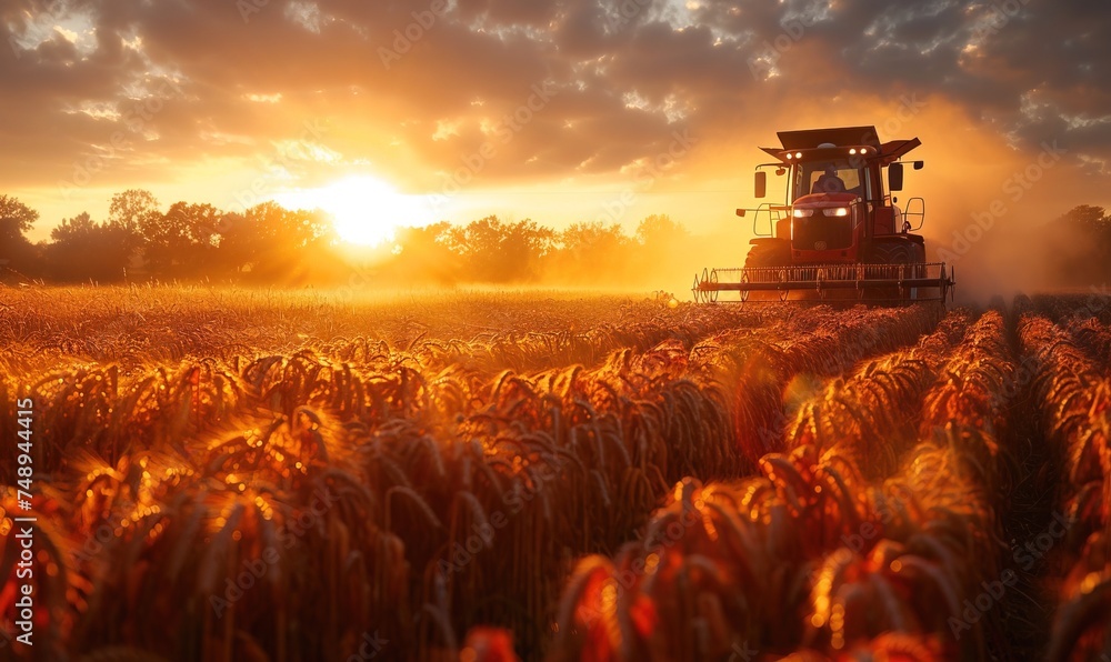 Tractor harvesting ripe crops under the golden afternoon sun - obrazy, fototapety, plakaty 