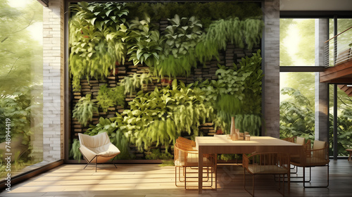 Vertical garden wall with intricate plant patterns  bringing a breath of nature into the unique interior of a sunlit conservatory 