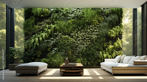 Vertical garden wall with intricate plant patterns, bringing a breath of nature into the unique interior of a sunlit conservatory 
