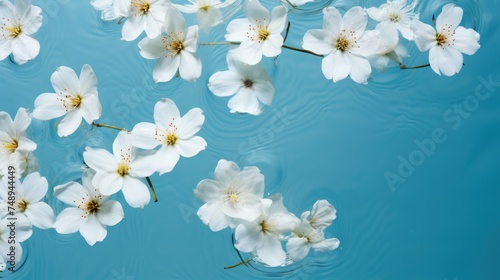 Beautiful delicate flowers on a background of blue water. The texture of the water. Small waves  ripples on the water. Background for Women s Day  Valentine s Day.