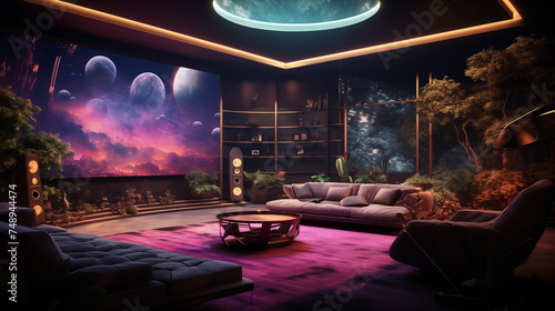 Virtual reality entertainment room with immersive 3D projections  transforming the space into a unique interior experience of the future