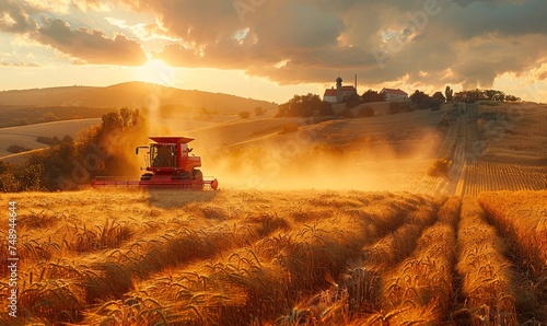 Farmers harvesting ripe crops under the golden afternoon sun