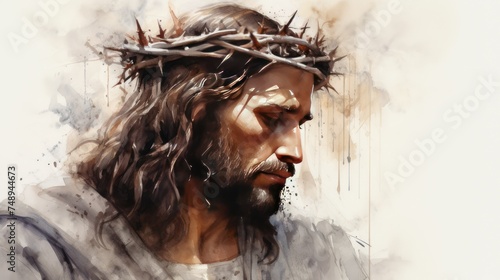illustration Divine Love and Sacrifice, Painting Of Jesus Christ with Crown of Thorns photo