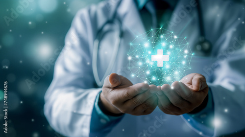 Business and Medical. Healthcare efficiency, digital connection, improving patient care, healthcare service Hologram On A Female Hand. Business holographic. 