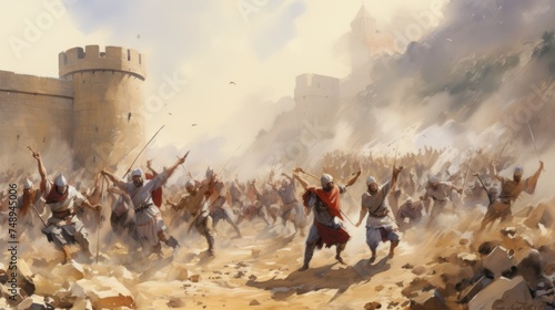 Ancient Ruins. Jericho's Defenses Shatter watercolor illustration