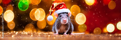 rat in santa s hat year of the rat. Selective focus.