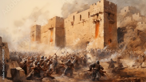 illustration of Battle of Jericho wall falling down, watercolor art